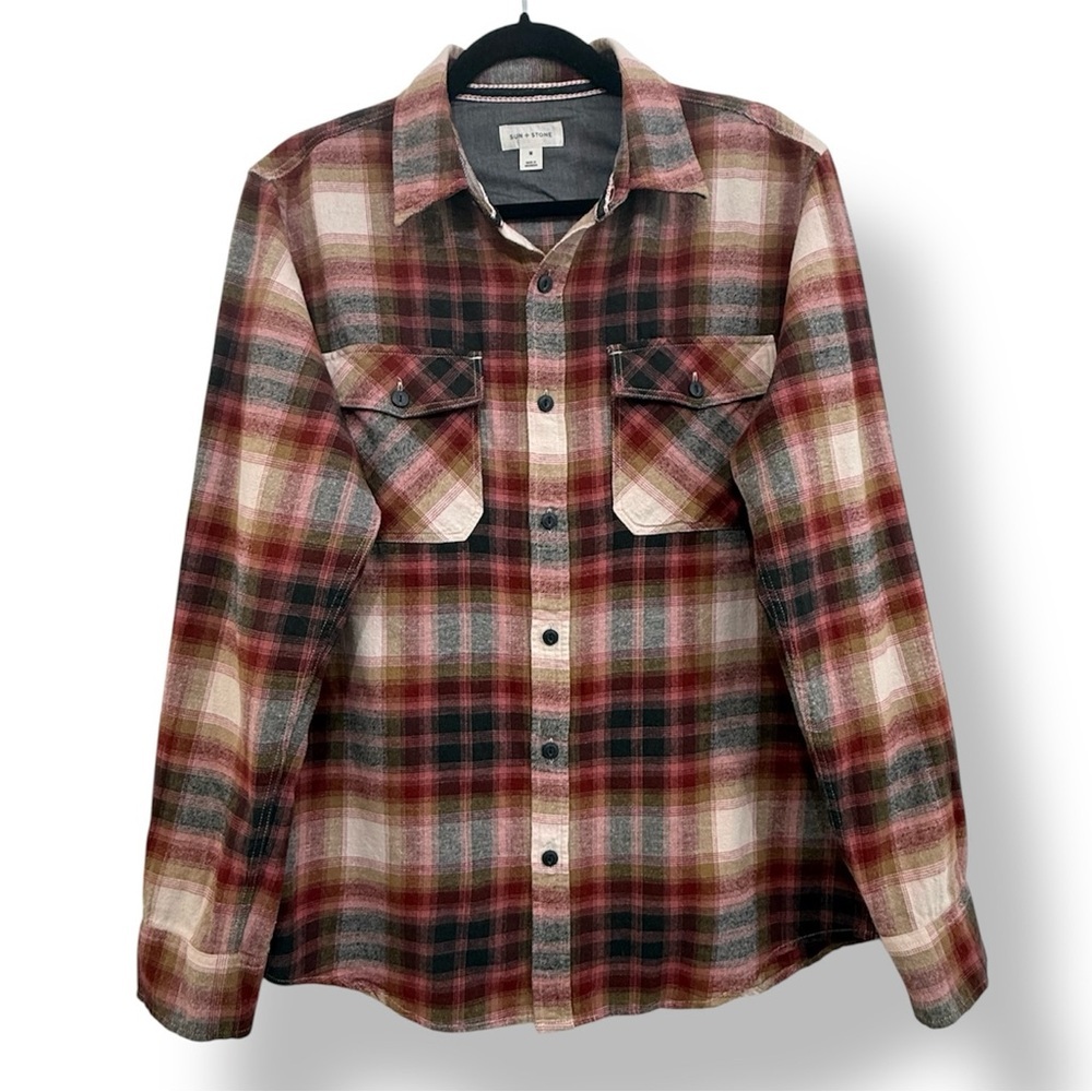 Macy’s Sun + Stone Plaid Button Down Flannel Shirt - red/black/khaki/beige​